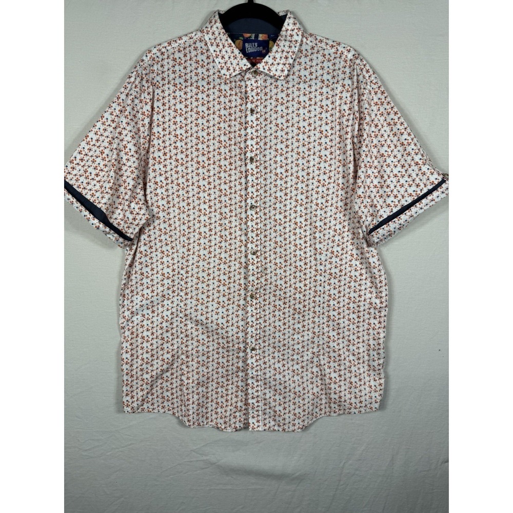 Billy London Mens Button Front Shirt Orange Geometric Short Sleeve Slim Fit XXL